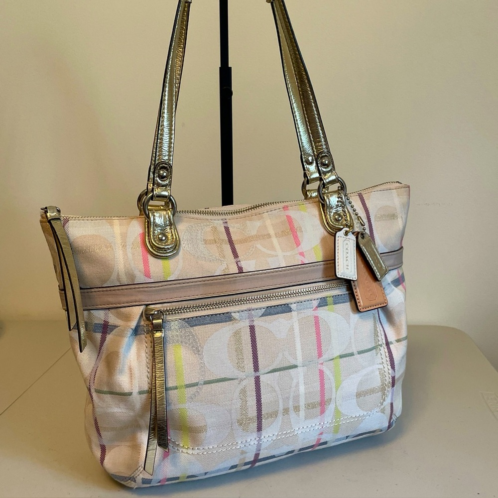 Coach Poppy Sequin Tattersall Signature Canvas Tote Bag/Purse 19871 Plaid Gold